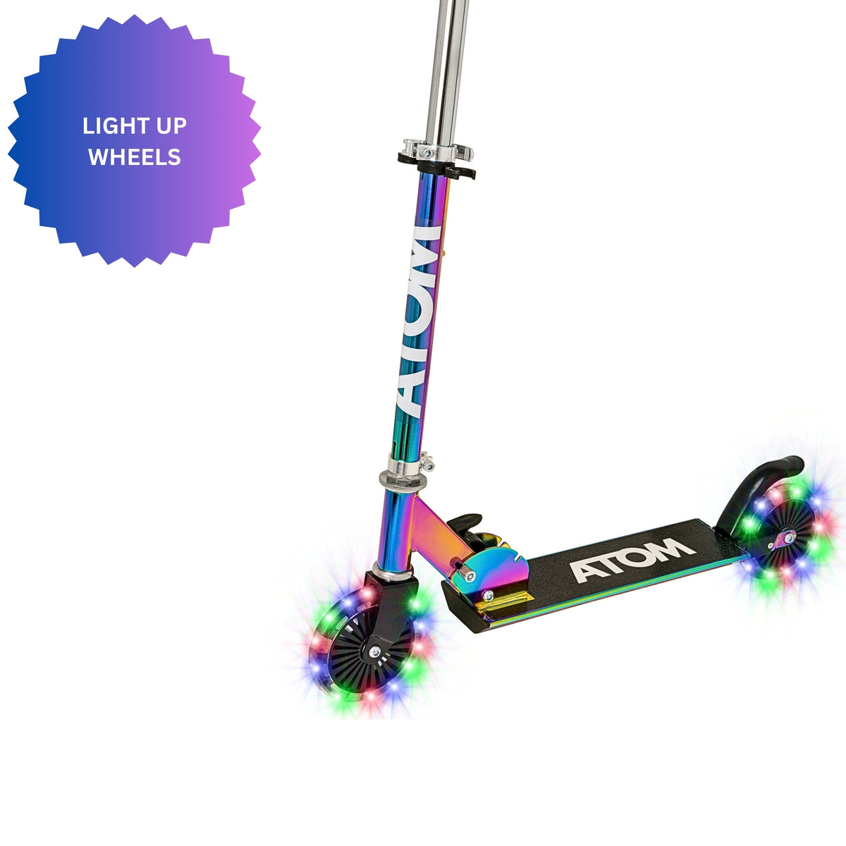 ATOM Light-Up Inline Scooter in Neochrome – Kids 2-Wheel Folding Scooter with LED Flashing Wheels and Adjustable Handlebar for Ages 5+
