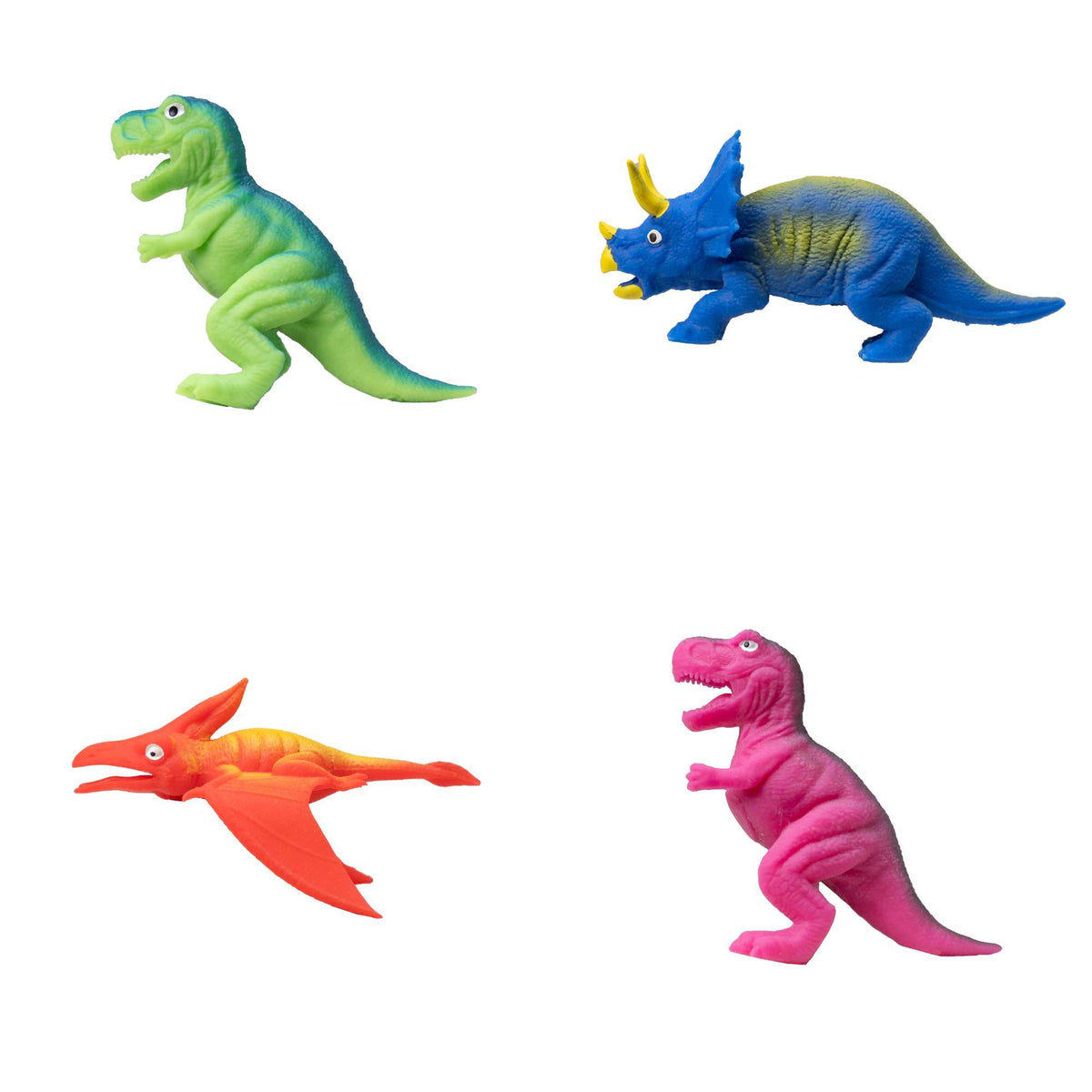 Image of Dino World Stretchy Saurus Assorted Fidget Toys - 24 Pack Fidget Toy Bumper Party Pack, featuring colourful, stretchy dinosaur figures in various poses, perfect for stress relief, sensory play, and party favours