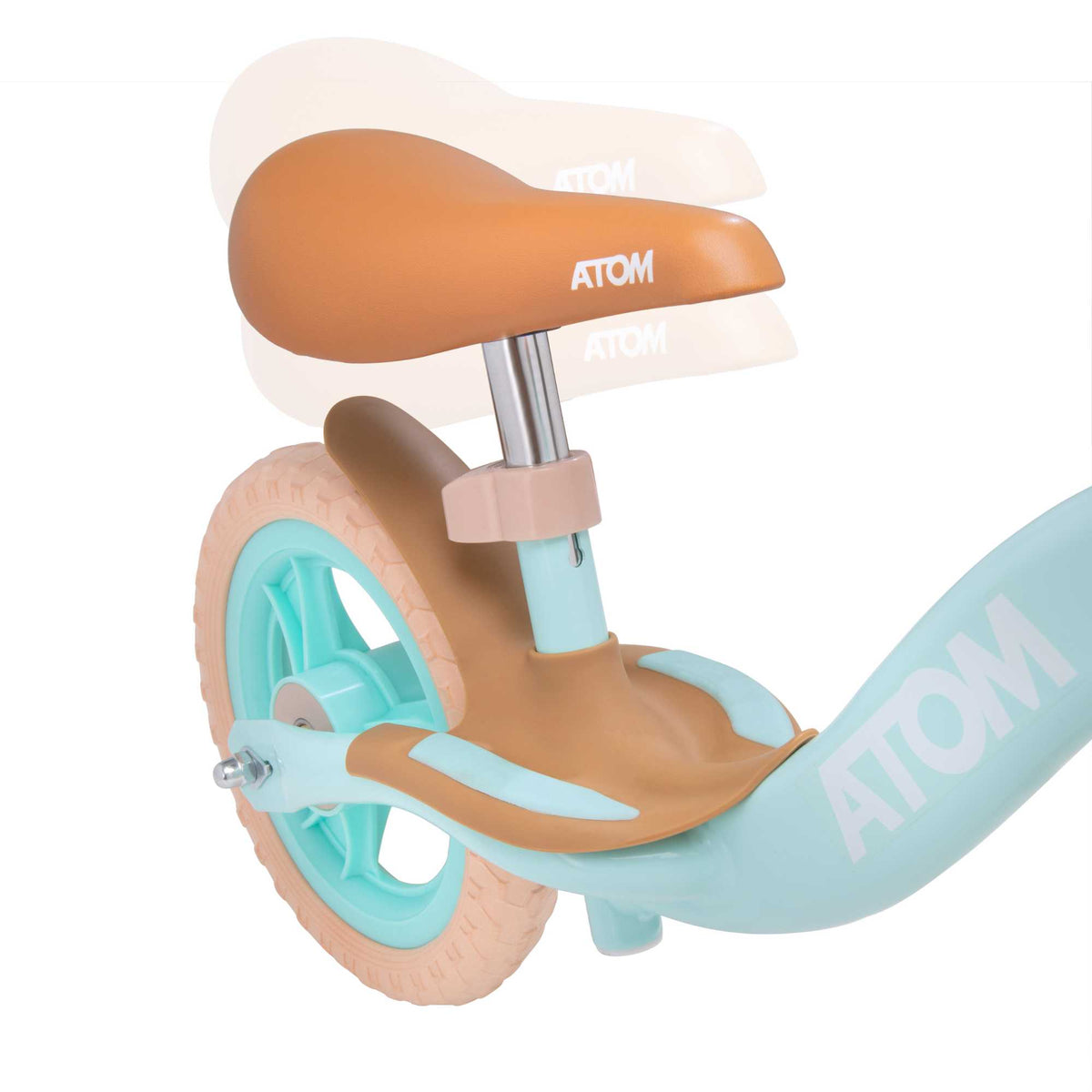 ATOM 10-inch Glider Bike in Mint Green, lightweight kids&#39; balance bicycle with adjustable seat and handlebars