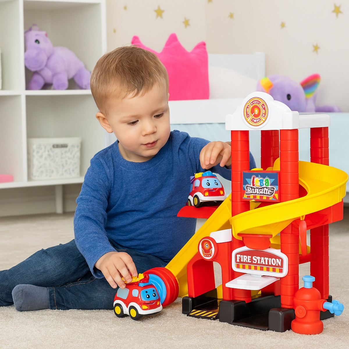 Tiny Teamsterz Beep &amp; Go Fire Station HQ - Includes 1 Fire Engine