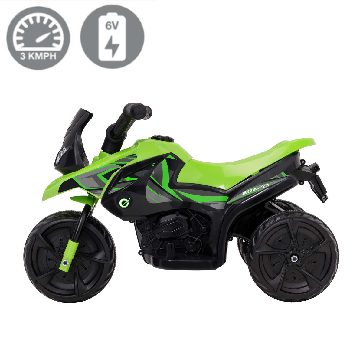 Battery-powered green and black EVO Venom Trike Ride-On for 2-year-olds, featuring a stable three-wheel design, ergonomic seat, and push-button acceleration for safe and thrilling outdoor adventures.