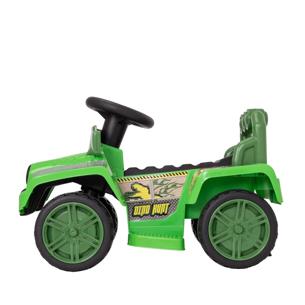 A rugged EVO Electric 4x4 Dinosaur Truck Toy. The truck is shown navigating through a rocky outdoor landscape, demonstrating its powerful and durable build.