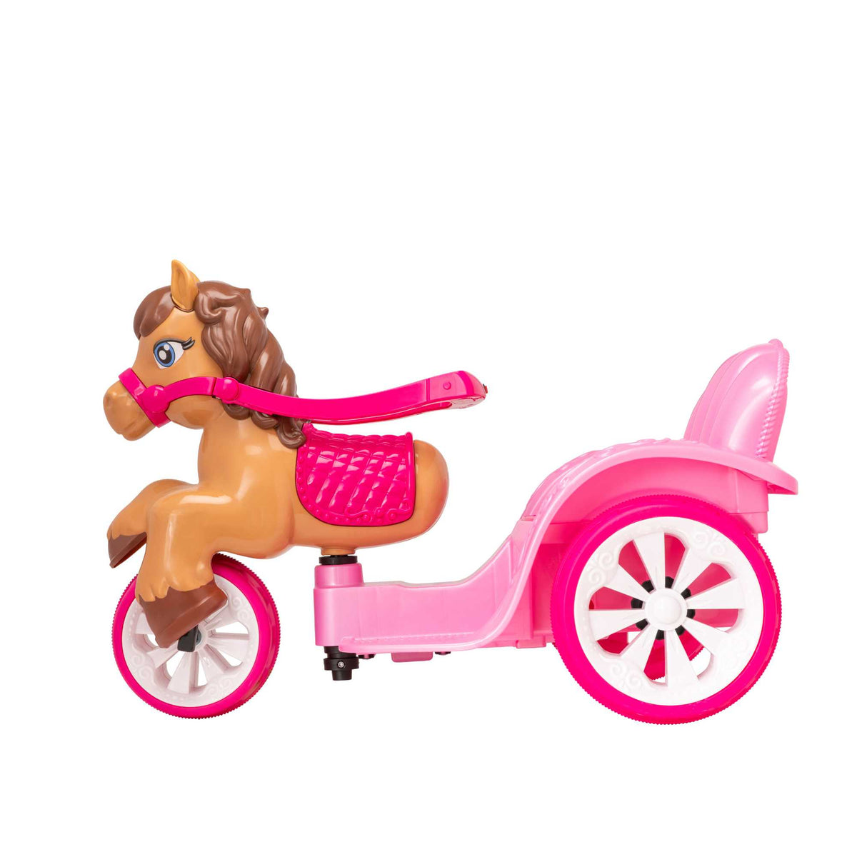 A whimsical EVO Electric Pony Carriage Ride-On Toy. The toy is shown in an outdoor garden setting, highlighting its enchanting design and sturdy construction.