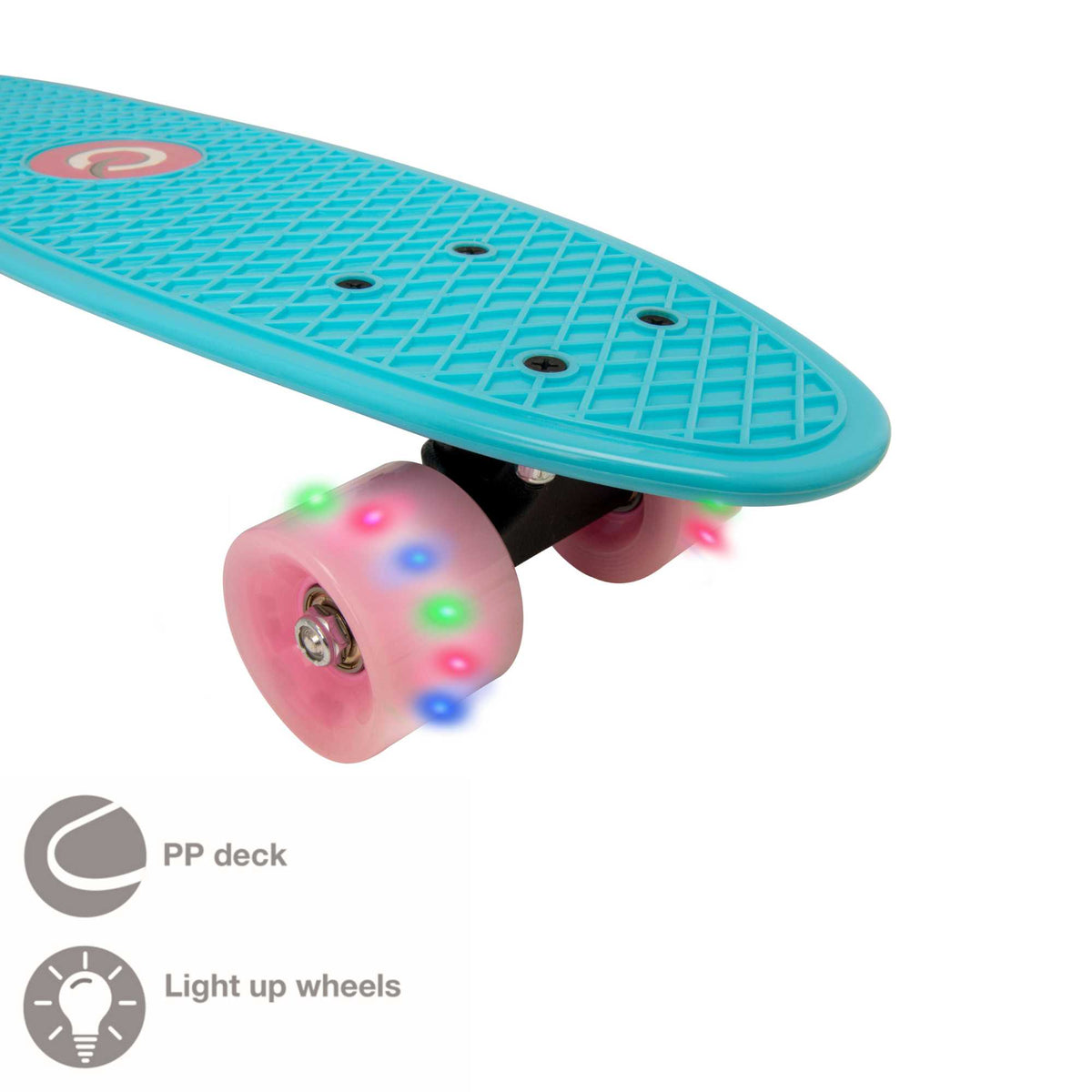 Children’s EVO 22-inch Penny Board in pink with light-up wheels, showcasing a compact design and vibrant retro style, perfect for young riders. The board features a textured grip surface and smooth, illuminated wheels that light up during movement. 