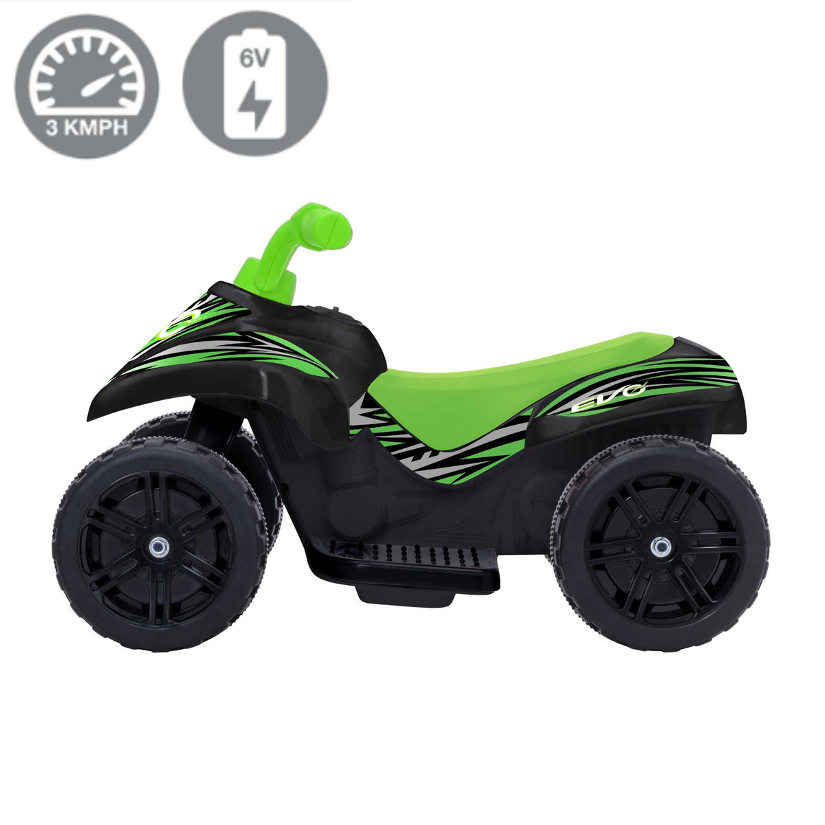 EVO 6V Venom Quad Electric Ride-On with vibrant design, sturdy four-wheel construction, and easy-to-use controls, perfect for exciting and safe outdoor adventures for kids. 