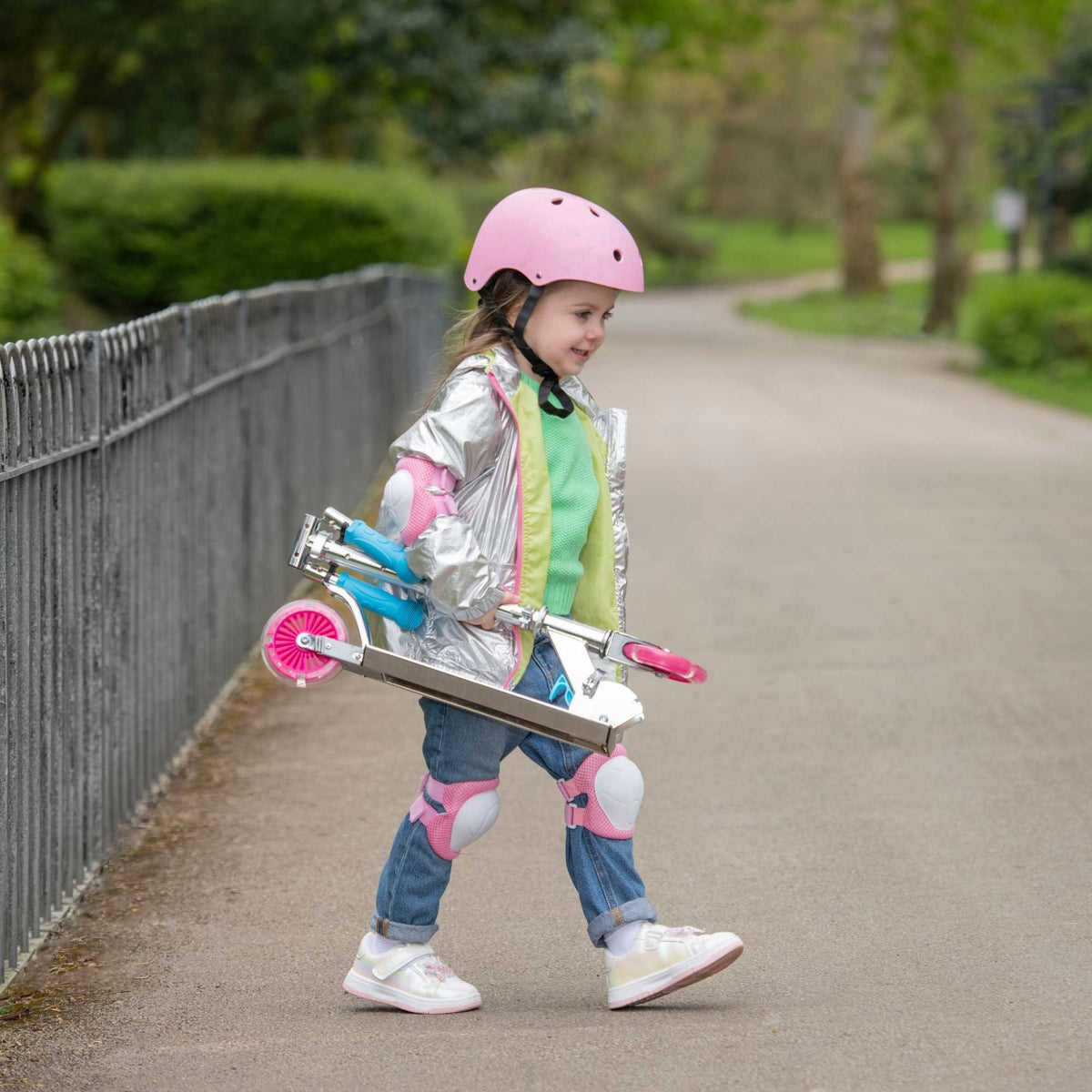 ATOM Light-Up Inline Scooter in Holographic Finish – 2-Wheel Folding Kids Scooter with LED Flashing Wheels for Ages 5+.