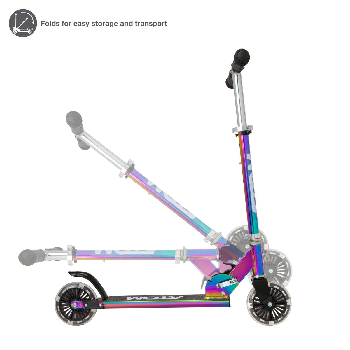 ATOM Inline Children&#39;s Kick Scooter in bright colours, designed for kids with a sturdy frame, adjustable handlebars, and smooth-rolling wheels, perfect for outdoor fun and active play.