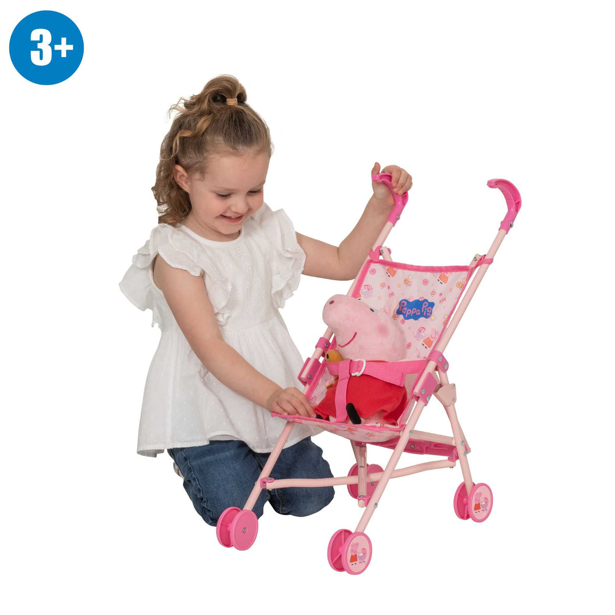 Peppa Pig Nursery Bundle - 7 Piece Playset: A colourful Peppa Pig-themed toy set including a high chair, stroller, Feeding set, perfect for toddlers&#39; imaginative play and doll care.