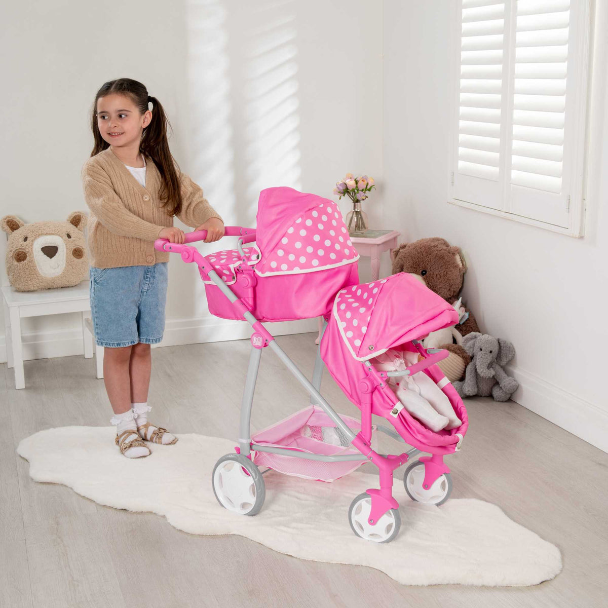 Dolly Tots Twin Dolls Pram - Spacious and Sturdy Toy Pram for Twin Dolls with Adjustable Handle