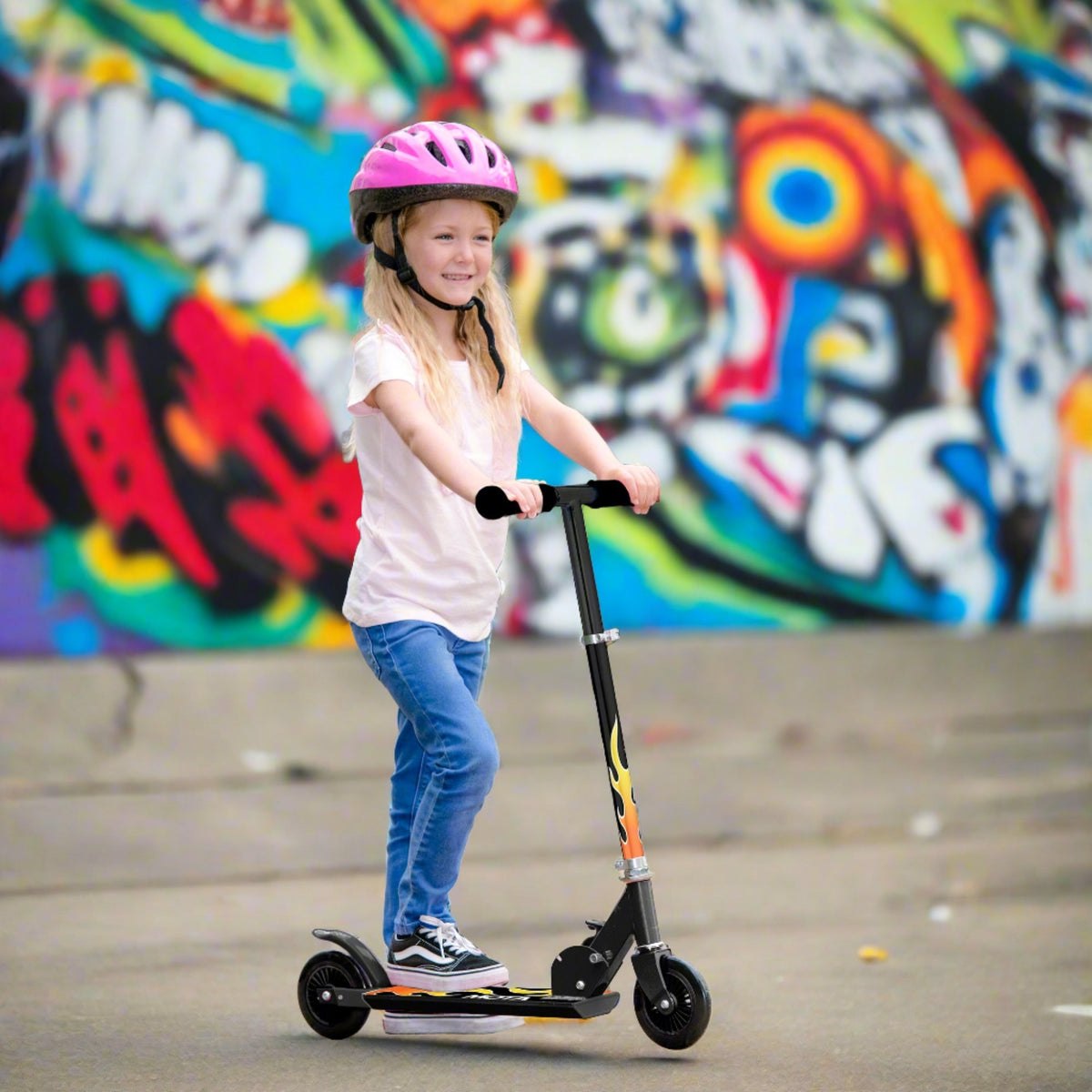 ATOM Inline Scooter with Flames Design – 2-Wheel Folding Kids Scooter with Adjustable Handlebar and Rear Brake for Ages 5+