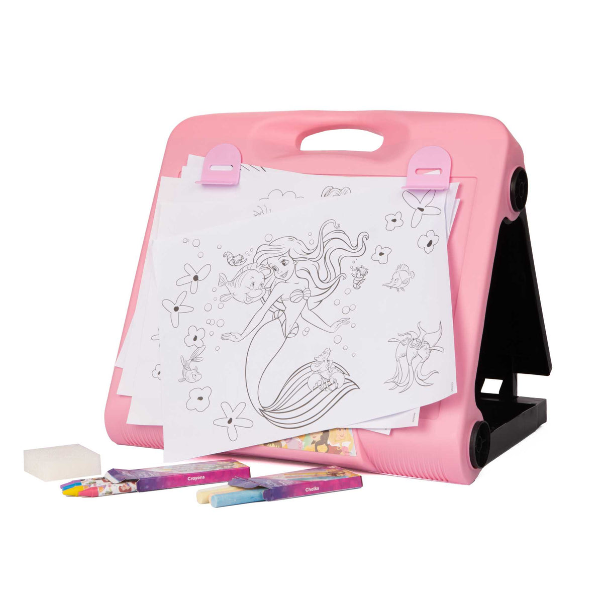 Disney Princess Art Easel featuring double-sided chalkboard and colouring pages with beloved Disney princess characters, and included art supplies for kids&#39; creative play and learning.