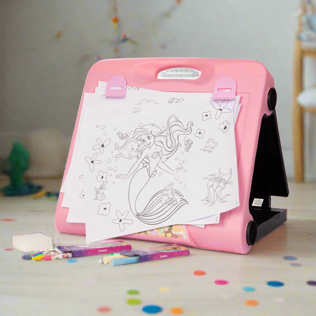 Disney Princess Art Easel featuring double-sided chalkboard and colouring pages with beloved Disney princess characters, and included art supplies for kids' creative play and learning.