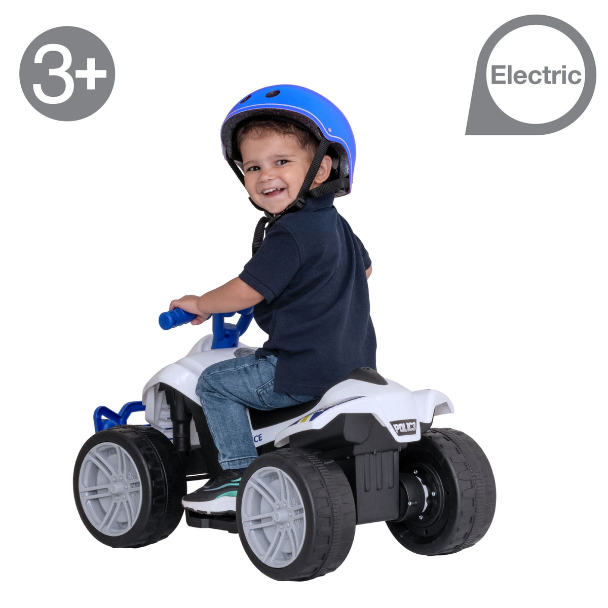 EVO 6V Police Quad Electric Ride-On with realistic police decals, working lights, and durable four-wheel design, perfect for adventurous and imaginative play for kids.