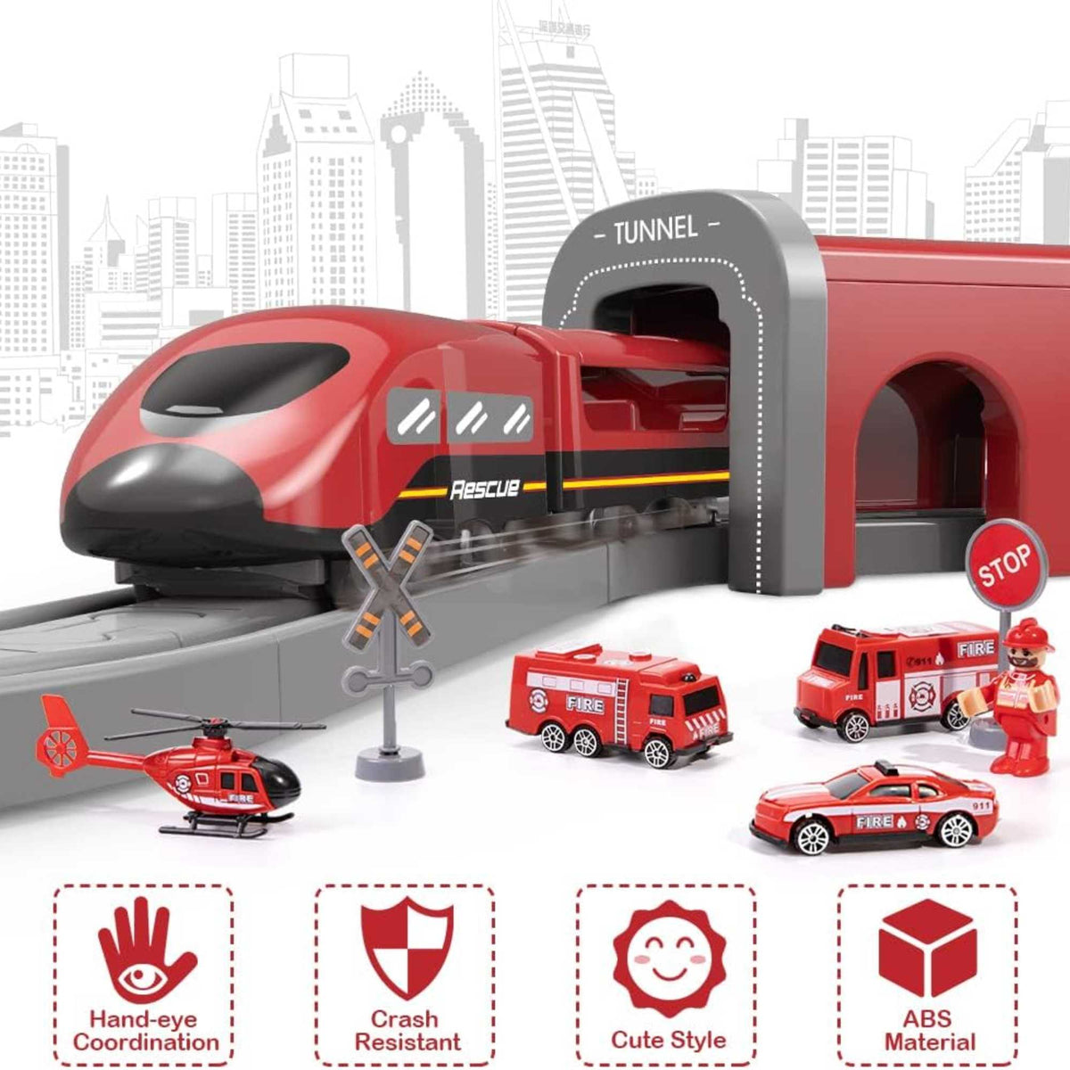 Teamsterz Fire Service Rescue Train Set - 66 Pieces Included Helicopters &amp; Planes