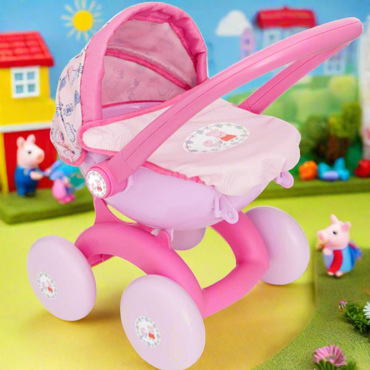 Peppa Pig 4-in-1 Pram, a versatile dolls’ stroller for dolls up to 35cm. Features a detachable carrycot, front-facing pushchair, and baby seat with an adjustable hood, removable apron, and Peppa Pig-themed pink design.