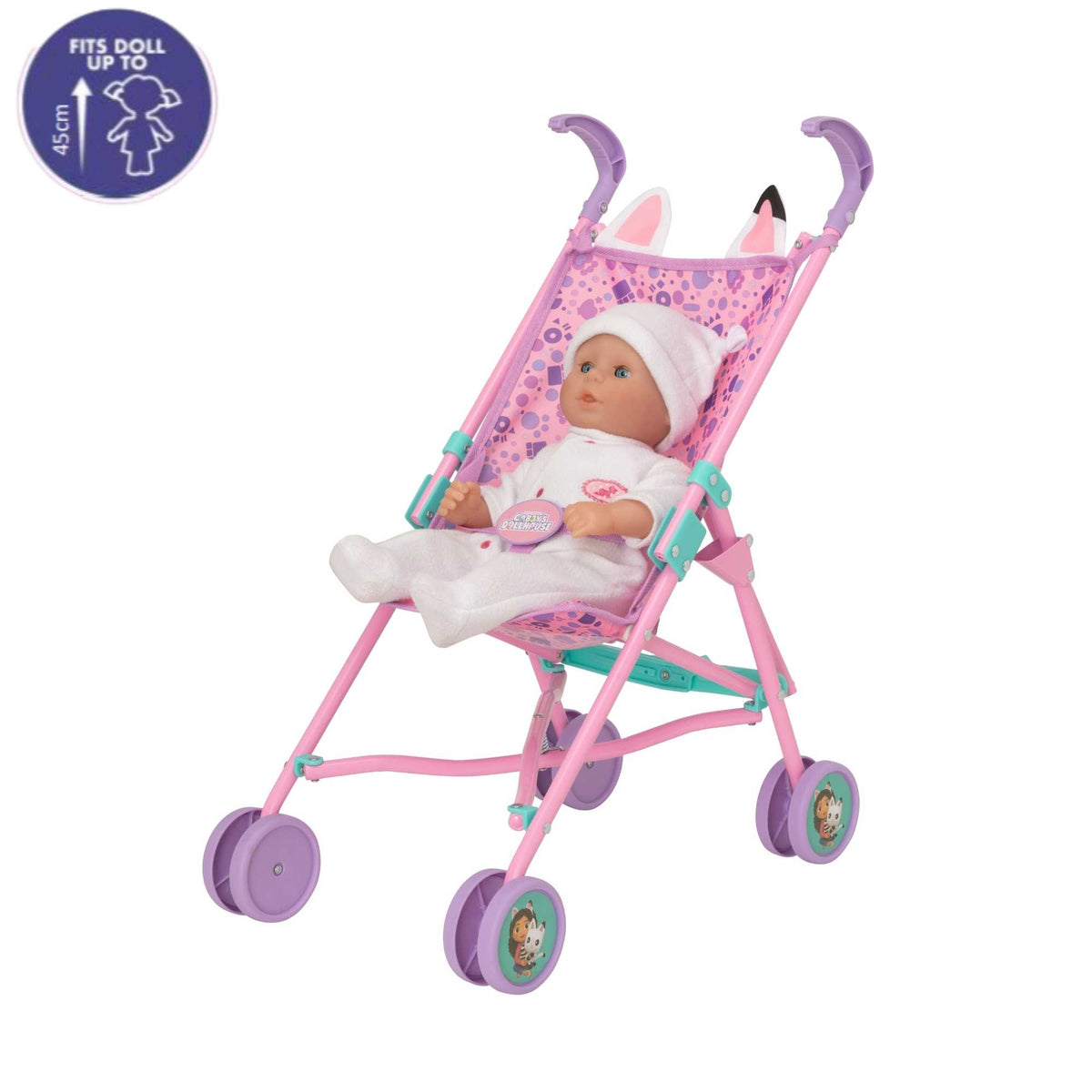 Colourful toy stroller featuring popular characters from Gabby&#39;s Dollhouse, designed for children to enjoy pretend play. Ideal for carrying dolls and other small toys, with vibrant designs and sturdy wheels for easy manoeuvrability.