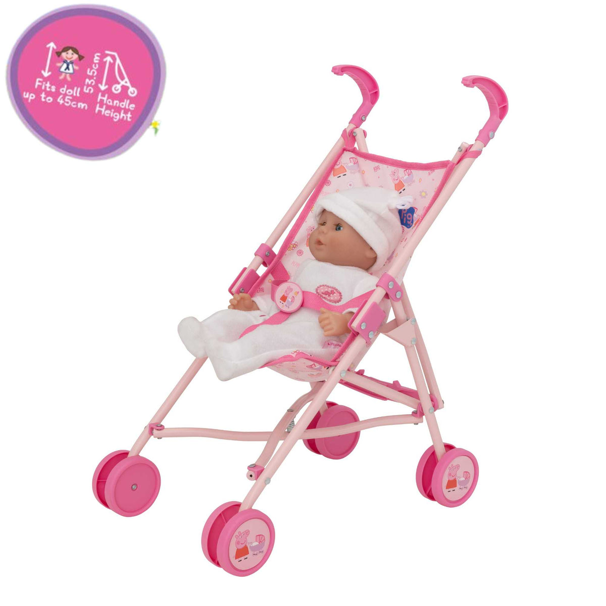 Peppa Pig Single Dolls Stroller, featuring a vibrant design with Peppa Pig-themed accents, ideal for children&#39;s imaginative play with their favourite dolls