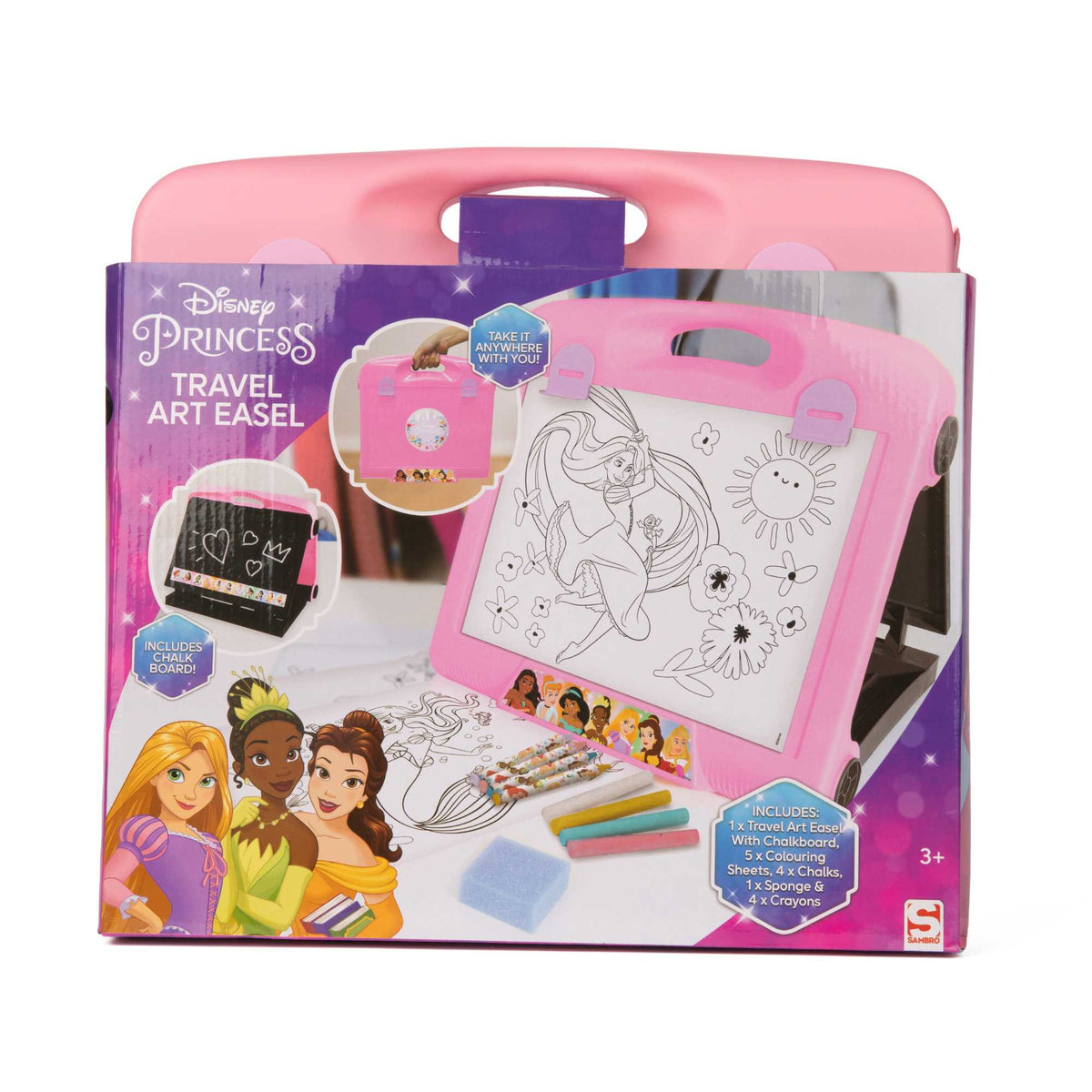 Disney Princess Art Easel featuring double-sided chalkboard and colouring pages with beloved Disney princess characters, and included art supplies for kids&#39; creative play and learning.