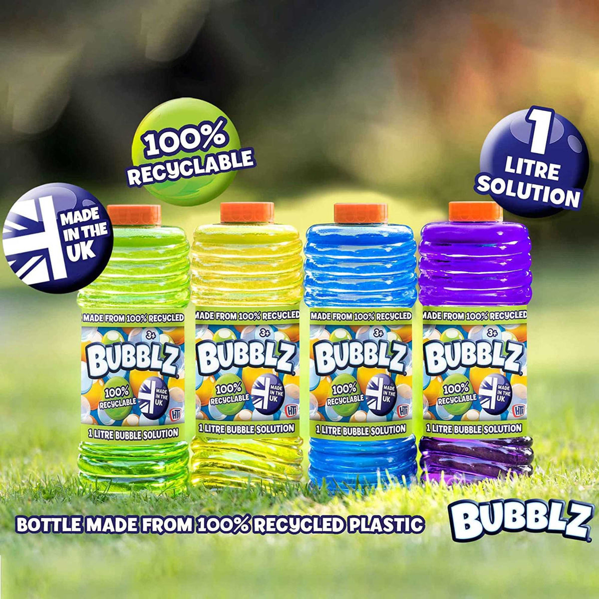 Bubblz 1 Litre Bubble Solution bottle with colorful label, perfect for creating long-lasting, large bubbles for kids and outdoor fun.