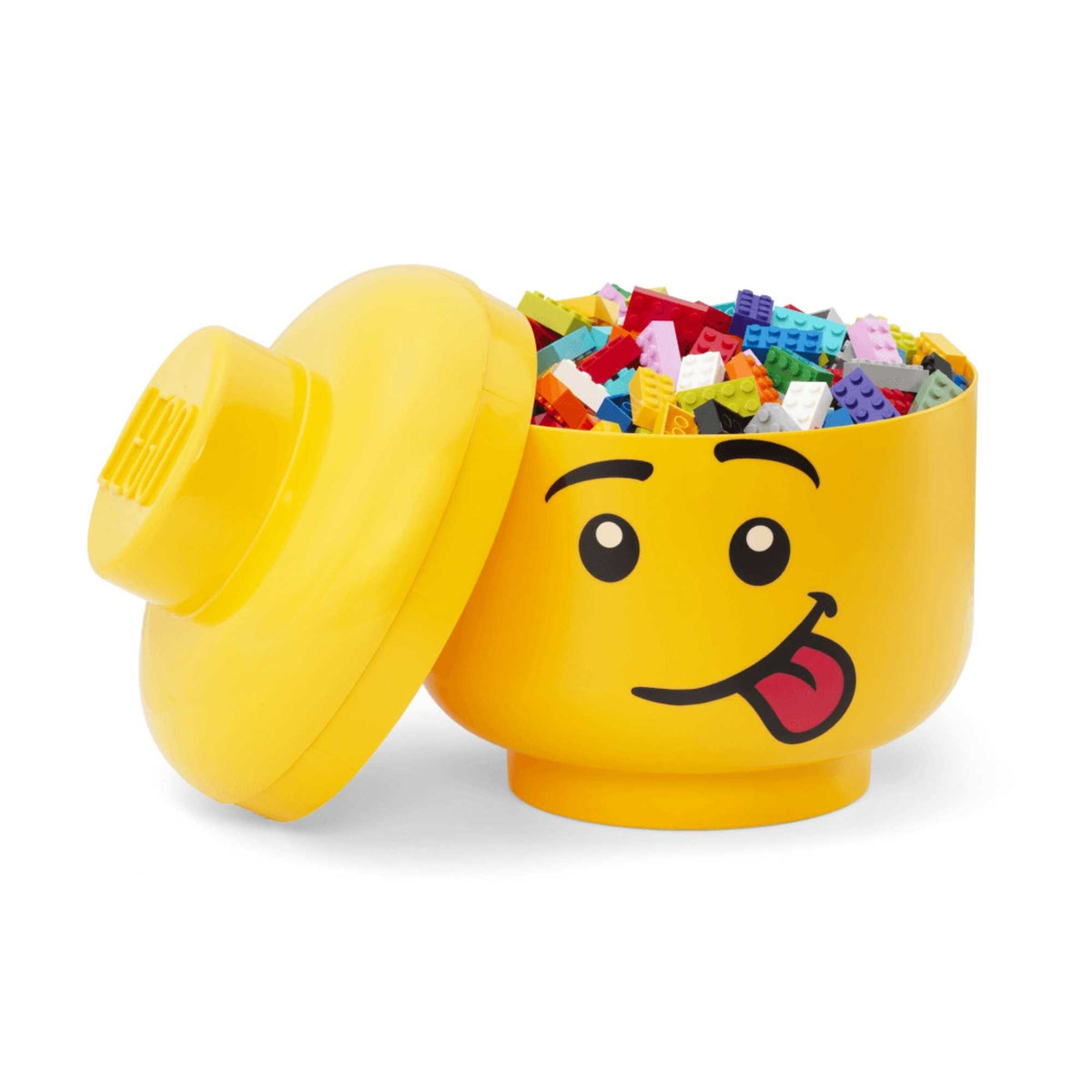 Large LEGO Storage Head – Yellow stackable container shaped like a classic LEGO minifigure head with removable lid, ideal for organizing bricks, toys, and accessories in kids&#39; rooms or play areas.