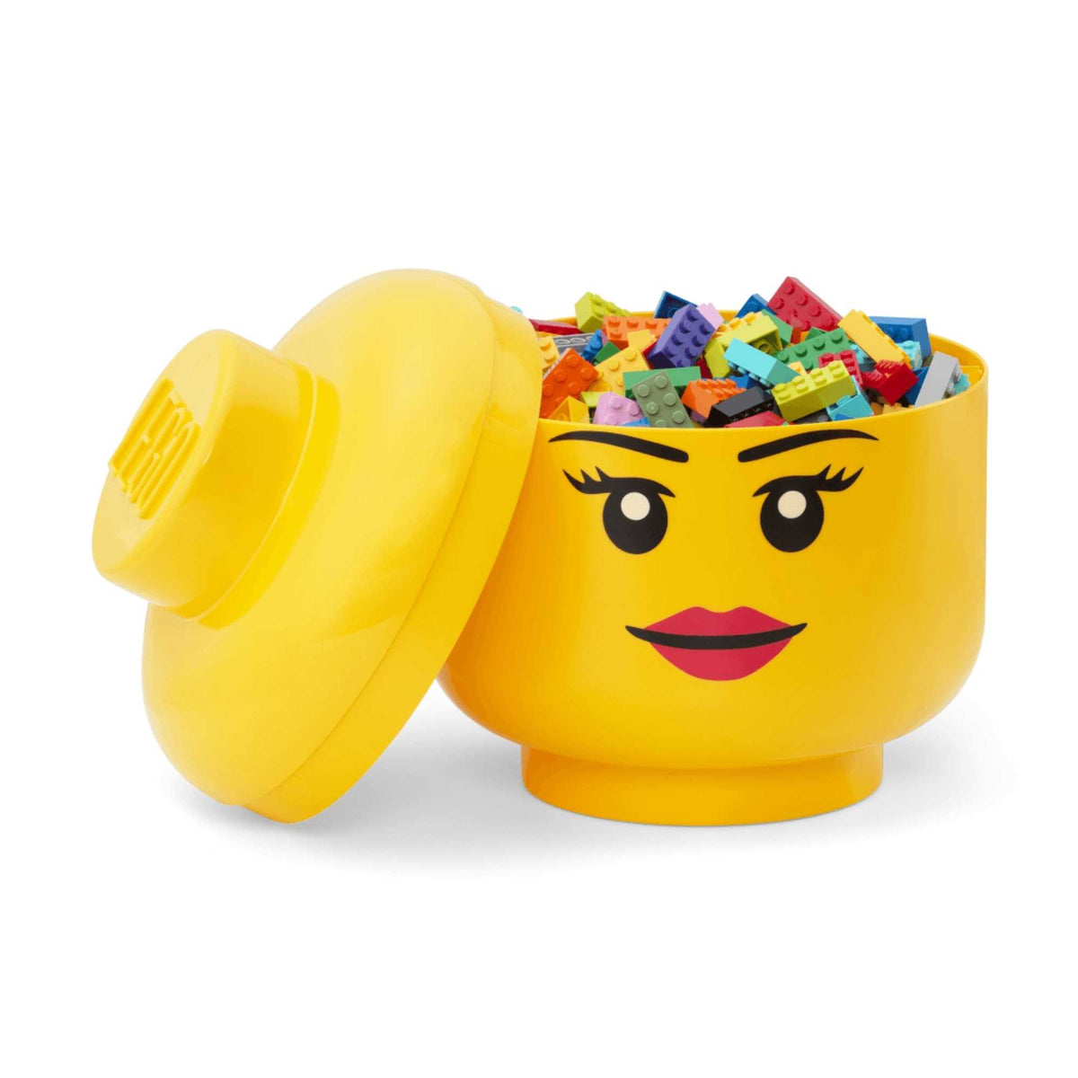 Large LEGO Storage Head – Yellow stackable container shaped like a classic LEGO minifigure head with removable lid, ideal for organizing bricks, toys, and accessories in kids&#39; rooms or play areas.