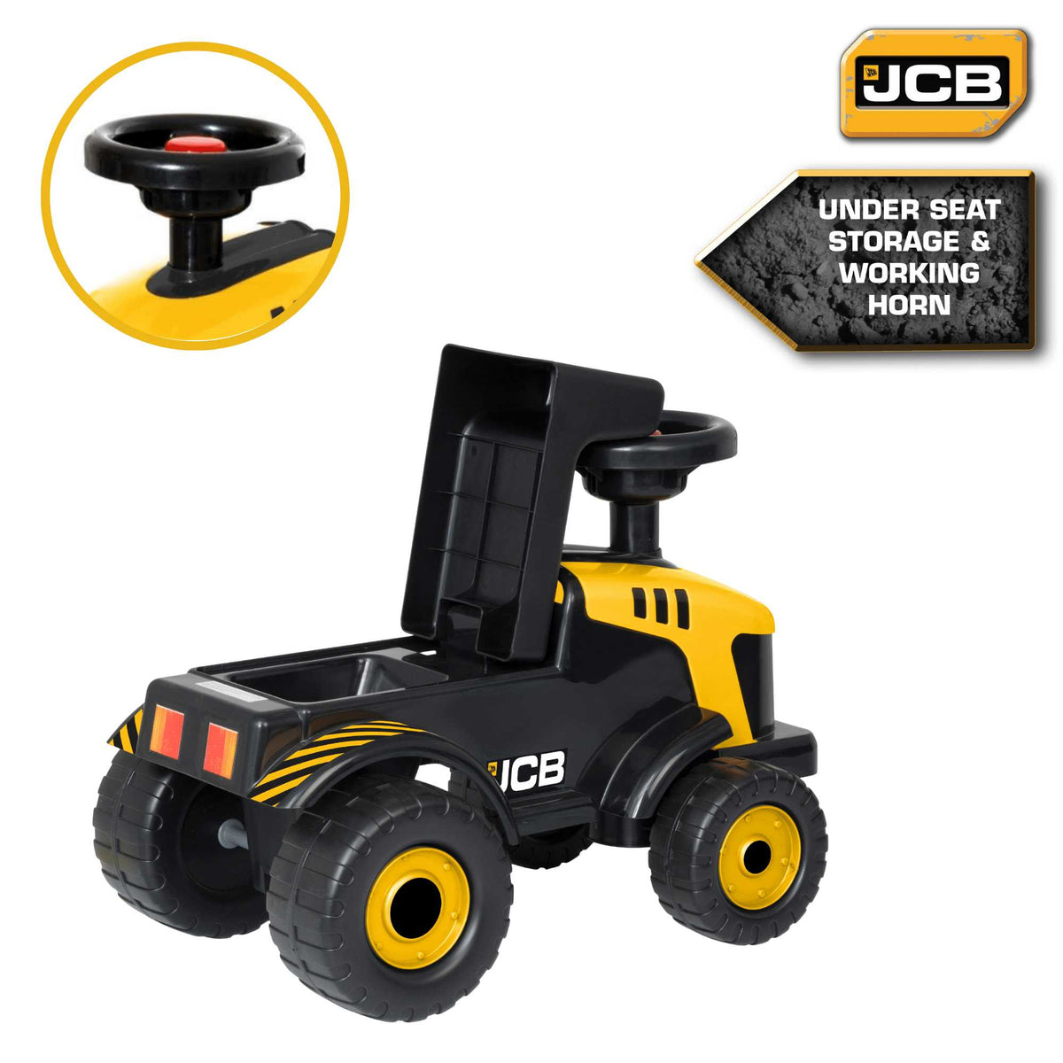 EVO JCB Fastrac Foot to Floor Children&#39;s Ride-On for toddlers aged 1 and up, featuring a realistic construction design, wide wheelbase, and foot-to-floor propulsion for safe and imaginative play.