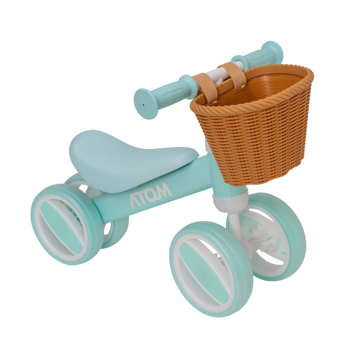 Atom Bobble Bike with Basket in Mint Green, charming children&#39;s bicycle with front basket. Perfect Balance Bike for training.