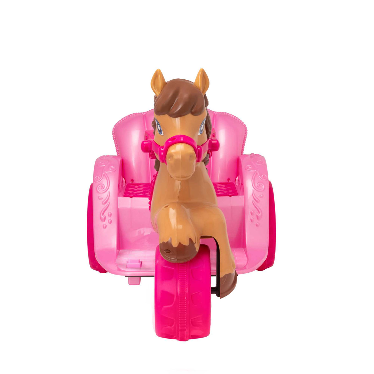 A whimsical EVO Electric Pony Carriage Ride-On Toy. The toy is shown in an outdoor garden setting, highlighting its enchanting design and sturdy construction.