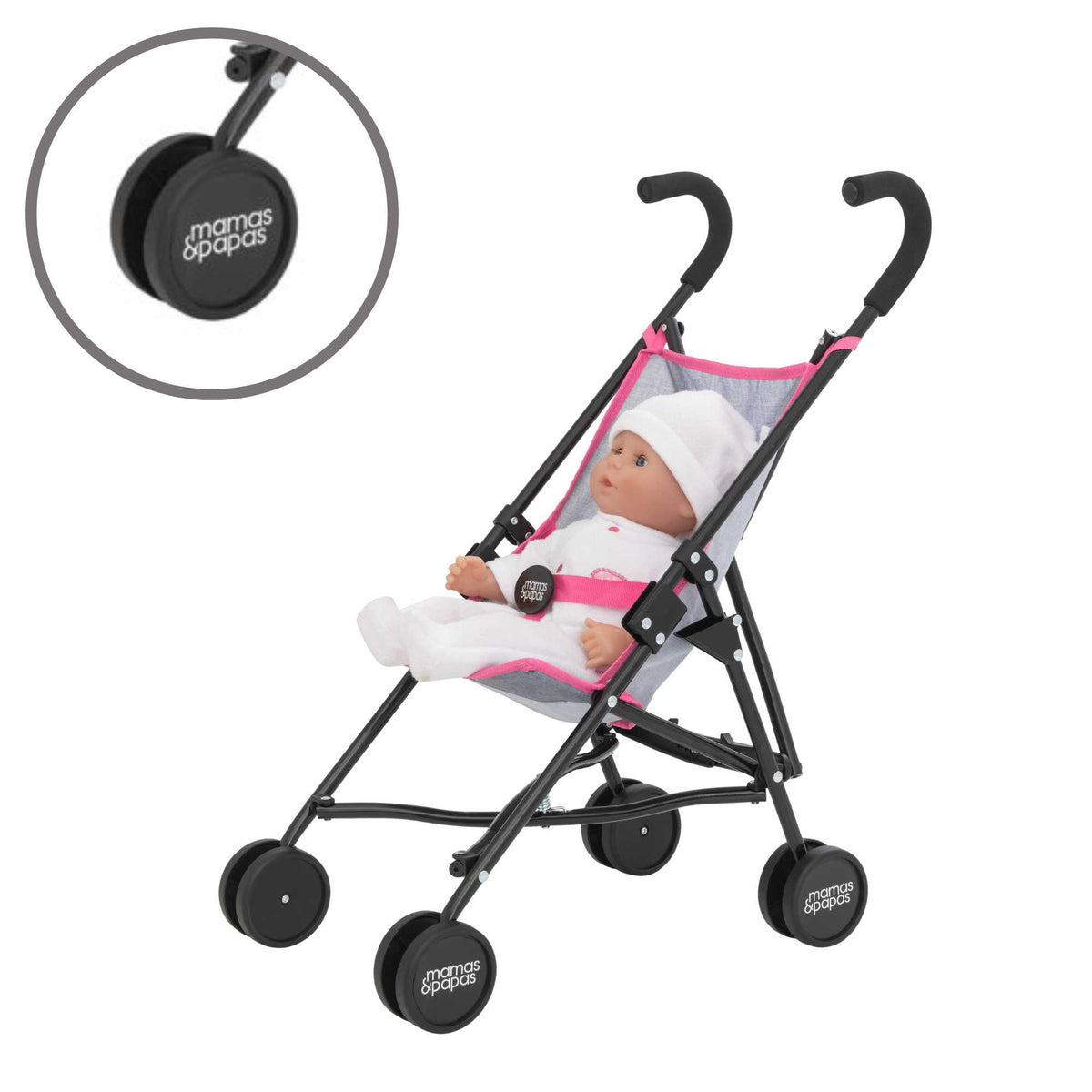 Mamas &amp; Papas Junior Doll Stroller in pink and grey, featuring a foldable and lightweight design for easy storage and portability, ideal for children&#39;s imaginative play with dolls.