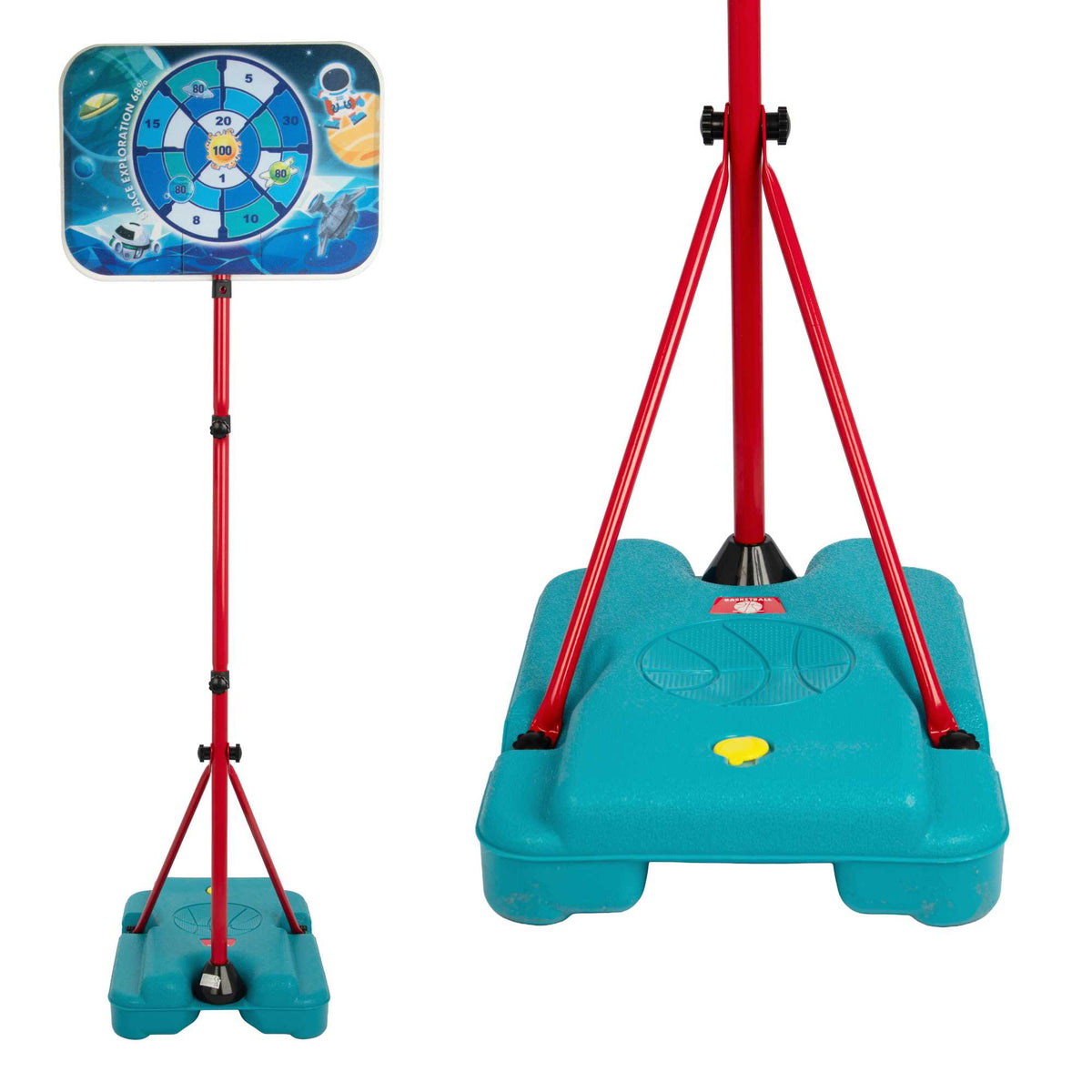 2-in-1 Kids Basketball Hoop Set with Adjustable Height, Sticky Dart Board, Velcro Darts, 3 Mini Balls, Ball Pump, and Water-Fillable Base for Indoor and Outdoor Play