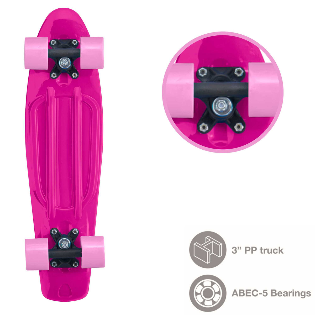 Children’s EVO 22-inch Penny Board in pink with light-up wheels, showcasing a compact design and vibrant retro style, perfect for young riders. The board features a textured grip surface and smooth, illuminated wheels that light up during movement.