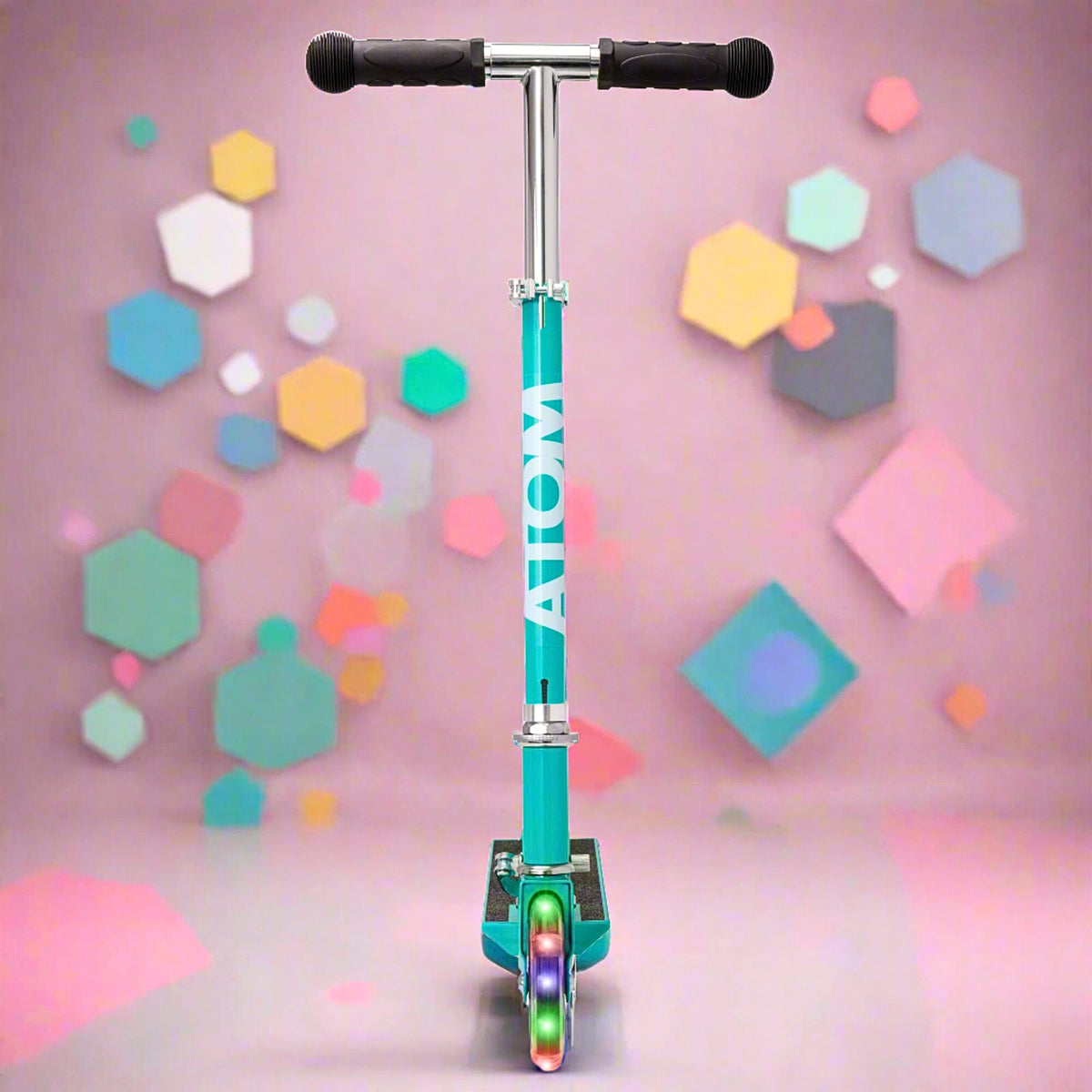 ATOM Light-Up Inline Scooter in Teal – 2-Wheel Folding Kids Scooter with LED Flashing Wheels, Adjustable Handlebar, and Rear Brake for Ages 5+