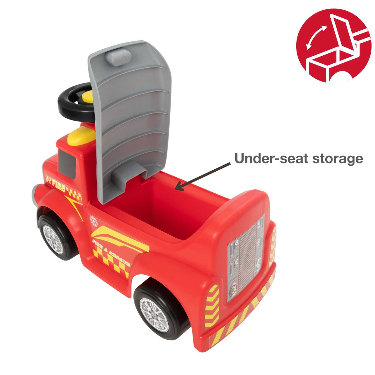 EVO Foot 2 Floor Ride-On Fire Engine for children aged 1 and up, featuring a vibrant red design, wide wheelbase, and foot-to-floor propulsion for safe and imaginative play.