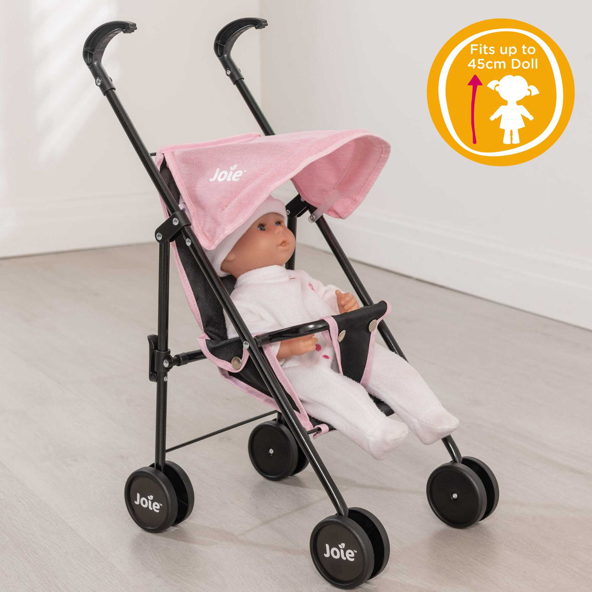 Stylish and compact toy pushchair designed for dolls, featuring a lightweight frame, easy-to-manoeuvre wheels, and a comfortable handle. Perfect for children to take their favourite dolls on the go, with a sleek and modern design.