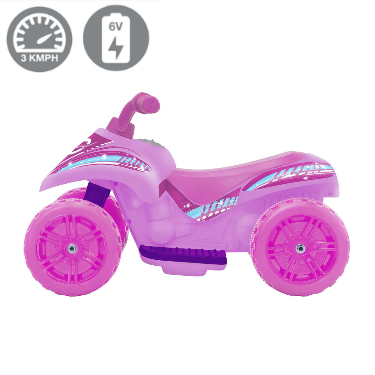 Electric pink EVO Shimmer Quad Ride-On for 2-year-olds, featuring a sturdy four-wheel design, ergonomic seat, and easy-to-grip handlebars, perfect for safe and fun outdoor adventures.