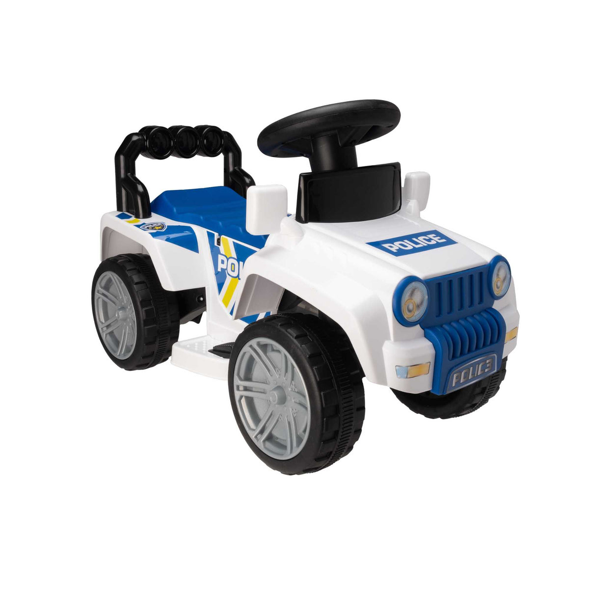 Image of the EVO Children&#39;s Electric Ride-On 4x4 Police Truck Toy. The sturdy 4x4 truck is shown in an outdoor setting, highlighting its robust build and adventure-ready capabilities for young heroes.