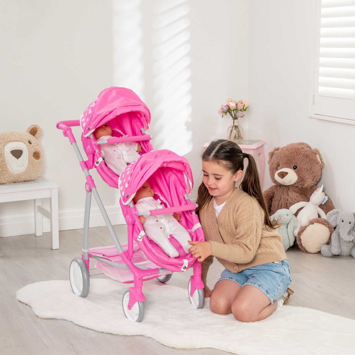 Dolly Tots Twin Dolls Pram - Spacious and Sturdy Toy Pram for Twin Dolls with Adjustable Handle