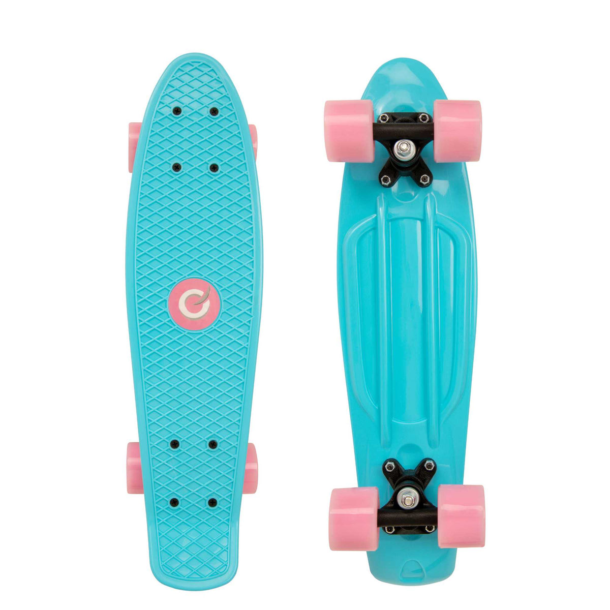 Children’s EVO 22-inch Penny Board in pink with light-up wheels, showcasing a compact design and vibrant retro style, perfect for young riders. The board features a textured grip surface and smooth, illuminated wheels that light up during movement. 