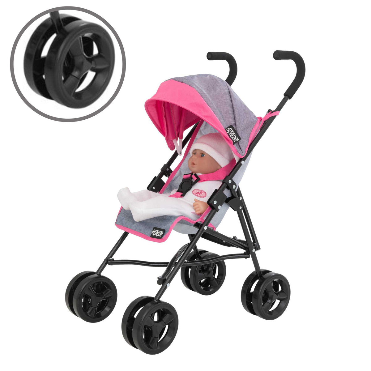 Mamas &amp; Papas Junior Cruise Stroller, designed for children&#39;s imaginative play, featuring a sleek and modern design with sturdy frame and smooth-rolling wheels, perfect for pretend outings with dolls.