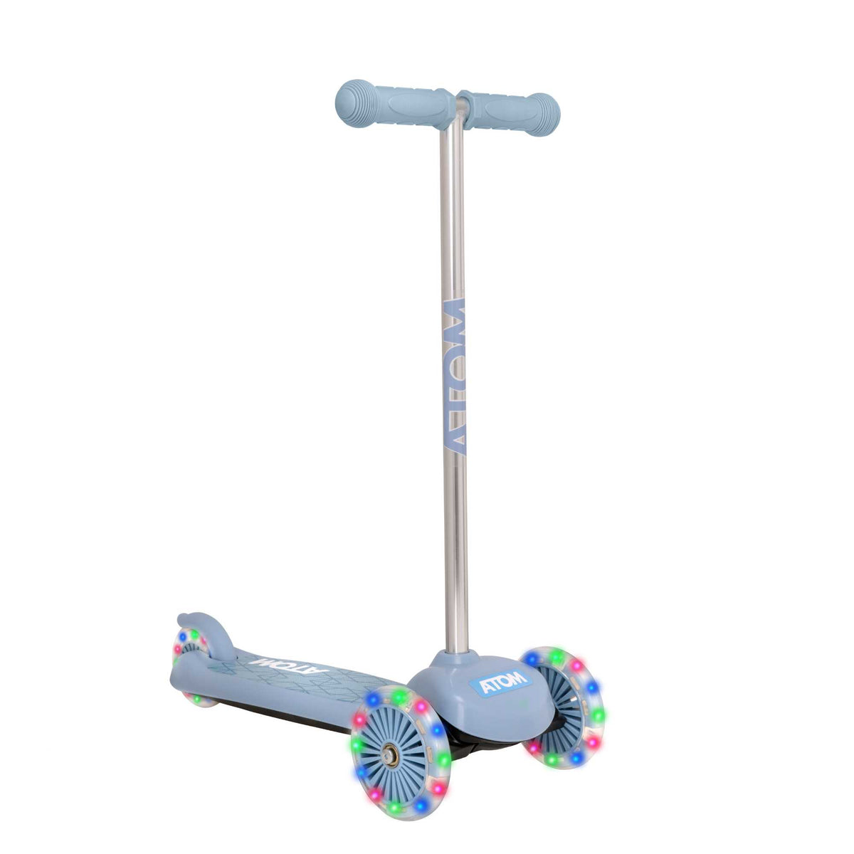 ATOM Move N Groove Light Up 3-wheeled scooter with flashing LED wheels, colourful design, and tilt to steer system, offering a fun and stable ride for children.