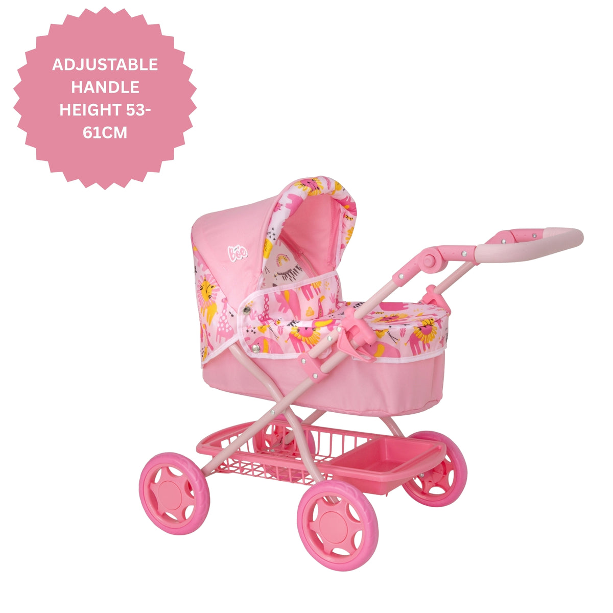 Pink doll stroller pram with jungle print for 3-7 year olds with under seat storage and adjustable handle height
