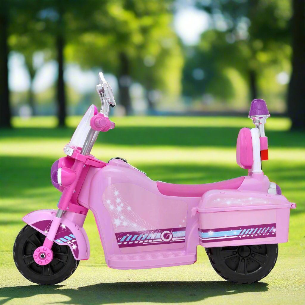 Image of the EVO Children&#39;s Electric Ride-On Shimmer Trike Toy. The trike is shown in an outdoor setting, highlighting its fun and adventurous appeal for young riders.