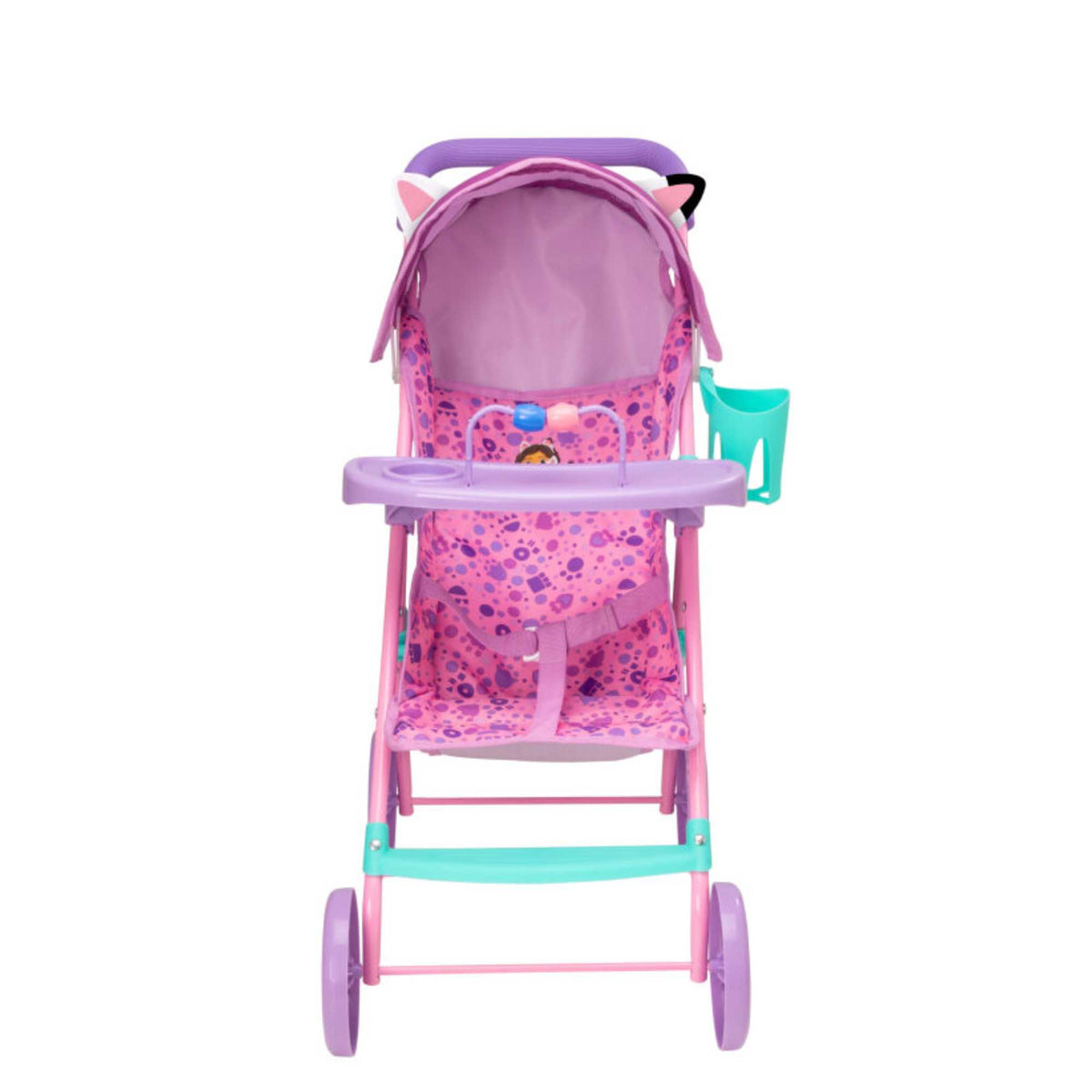 Bright and fun toy pushchair inspired by Gabby&#39;s Dollhouse, ideal for kids to push their favourite dolls and toys. Features a durable frame, smooth-rolling wheels, and colourful designs with beloved characters from the series.