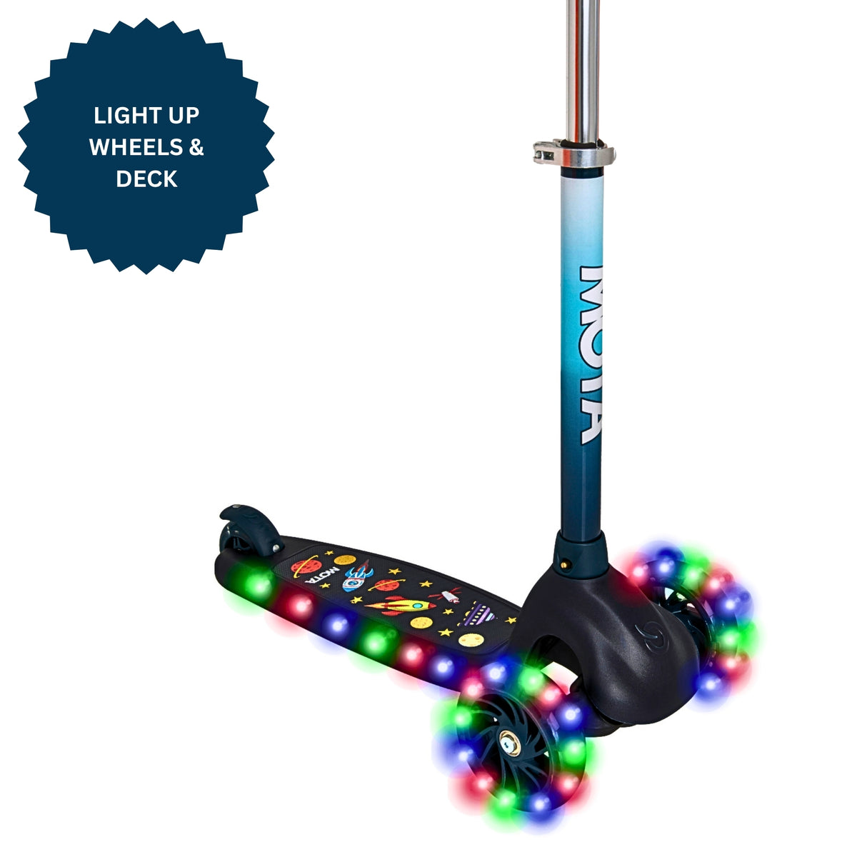 ATOM Eclipse Light-Up Scooter in Solar Design – Kids 3-Wheel Scooter with LED Deck and Flashing Wheels for Ages 5+.