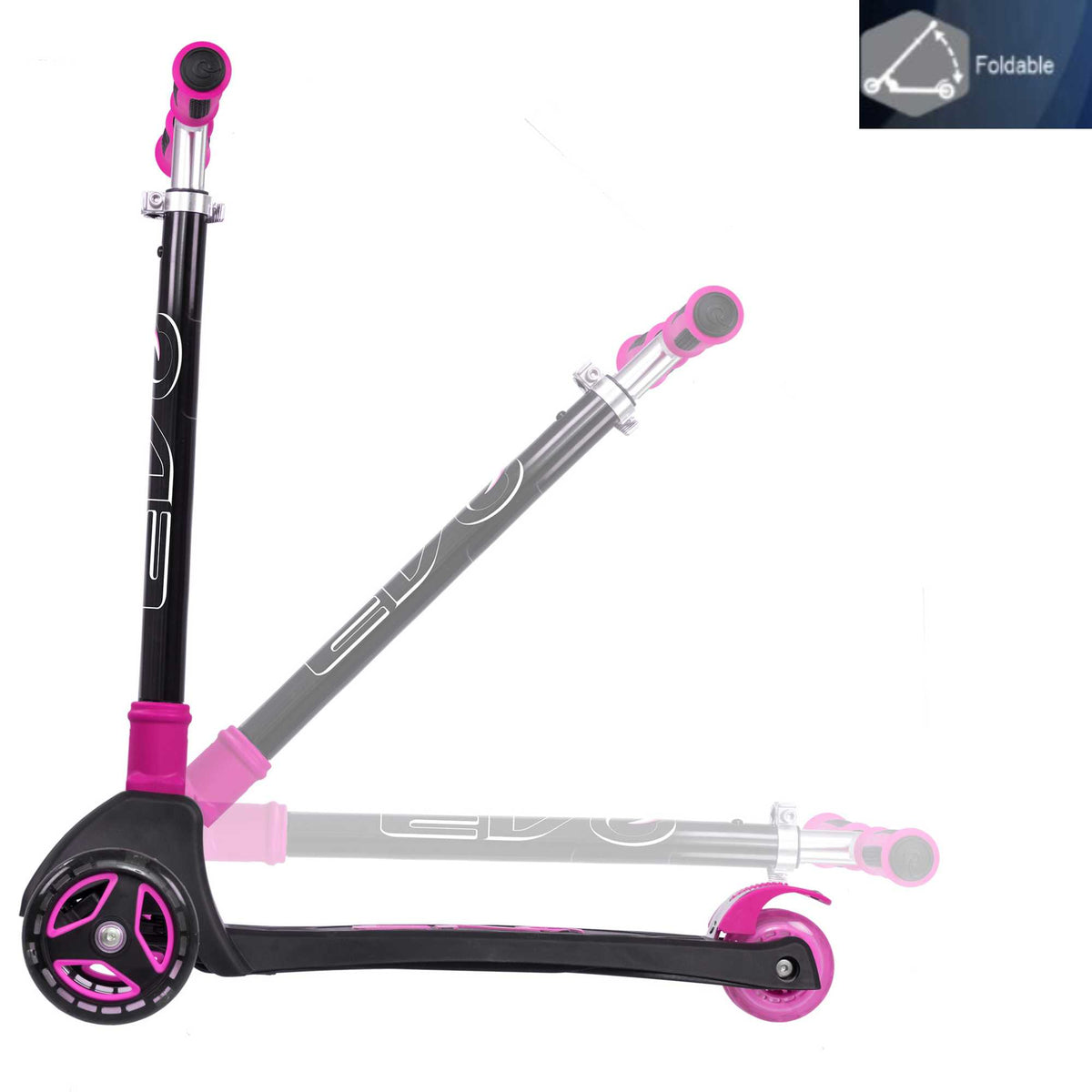 EVO Kids 3 Wheeled Scooter with light up wheels, featuring a sturdy design, bright colours, perfect for young riders.