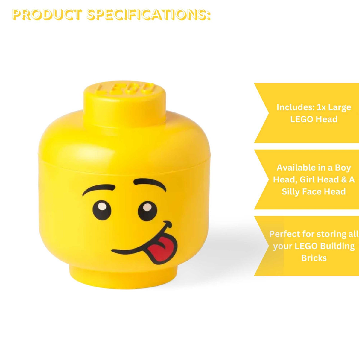Large LEGO Storage Head – Yellow stackable container shaped like a classic LEGO minifigure head with removable lid, ideal for organizing bricks, toys, and accessories in kids&#39; rooms or play areas.