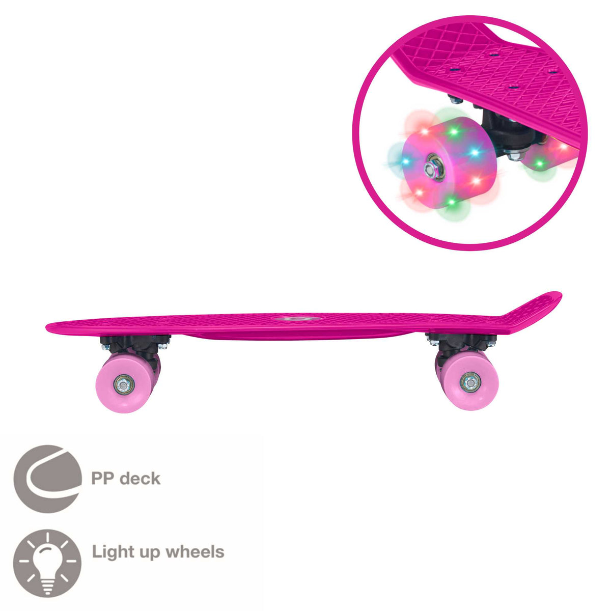 Children’s EVO 22-inch Penny Board in pink with light-up wheels, showcasing a compact design and vibrant retro style, perfect for young riders. The board features a textured grip surface and smooth, illuminated wheels that light up during movement.