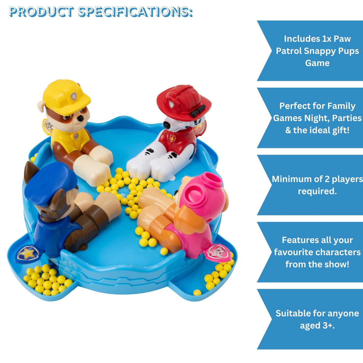Paw Patrol Snappy Pups Family Game – Includes Chase, Skye, Marshall &amp; Rubble Figures, Fast-Paced Ball Catching Game for Kids, 2+ Players, Fun Paw Patrol Toy for Family Game Night