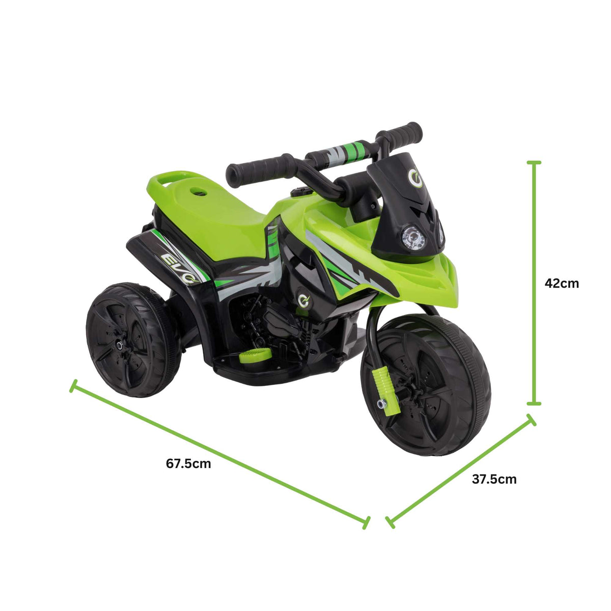 Battery-powered green and black EVO Venom Trike Ride-On for 2-year-olds, featuring a stable three-wheel design, ergonomic seat, and push-button acceleration for safe and thrilling outdoor adventures.