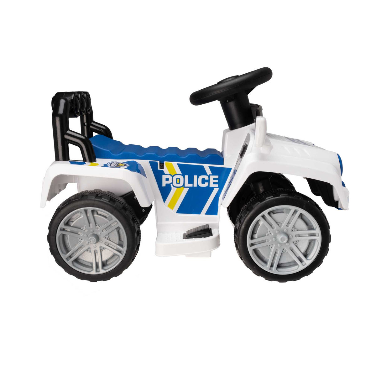 Image of the EVO Children&#39;s Electric Ride-On 4x4 Police Truck Toy. The sturdy 4x4 truck is shown in an outdoor setting, highlighting its robust build and adventure-ready capabilities for young heroes.